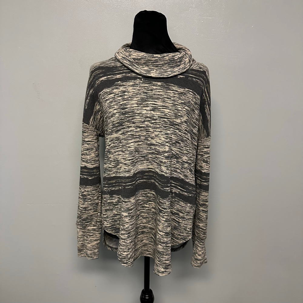 LuLaRoe Cowl Neck Sweater womens M Gray Beige Striped long sleeve waffle knit